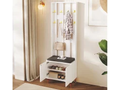 Roupeiro branco com 2 portas, sapateira e almofada, ganchos, pés dourados 60,5x35,2x180,5cm