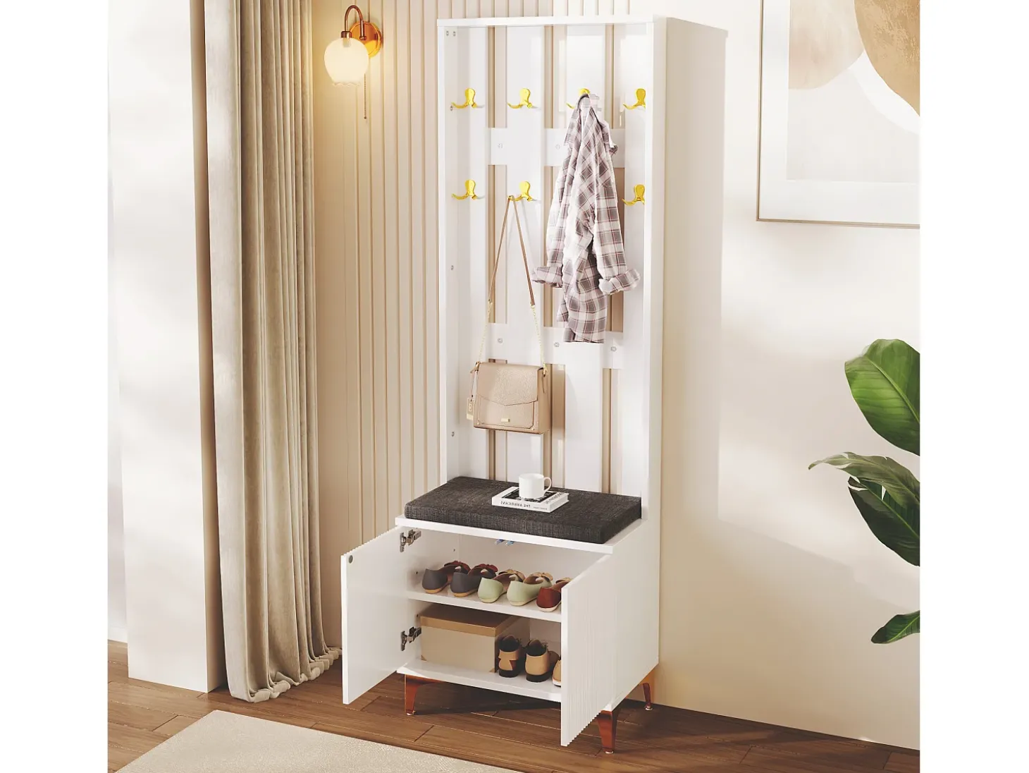 Roupeiro branco com 2 portas, sapateira e almofada, ganchos, pés dourados 60,5x35,2x180,5cm