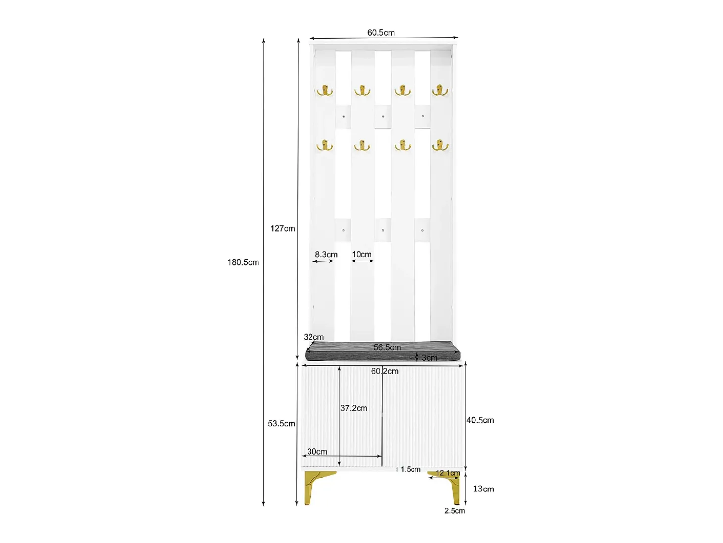 Roupeiro branco com 2 portas, sapateira e almofada, ganchos, pés dourados 60,5x35,2x180,5cm