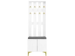 Roupeiro branco com 2 portas, sapateira e almofada, ganchos, pés dourados 60,5x35,2x180,5cm