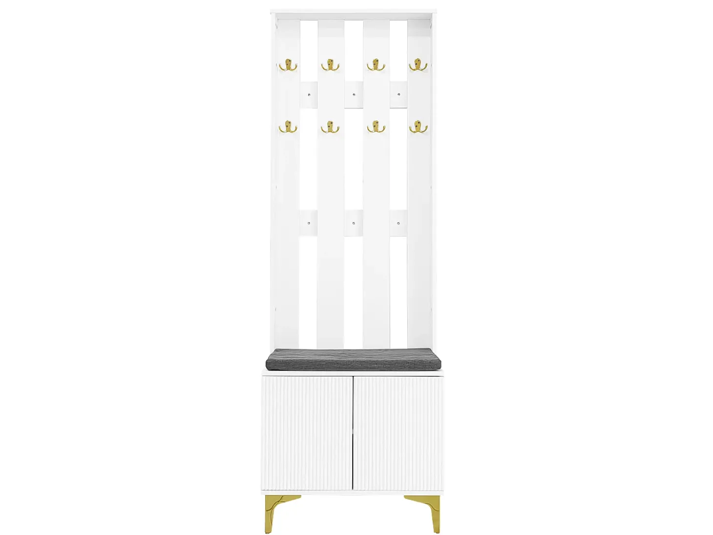 Roupeiro branco com 2 portas, sapateira e almofada, ganchos, pés dourados 60,5x35,2x180,5cm