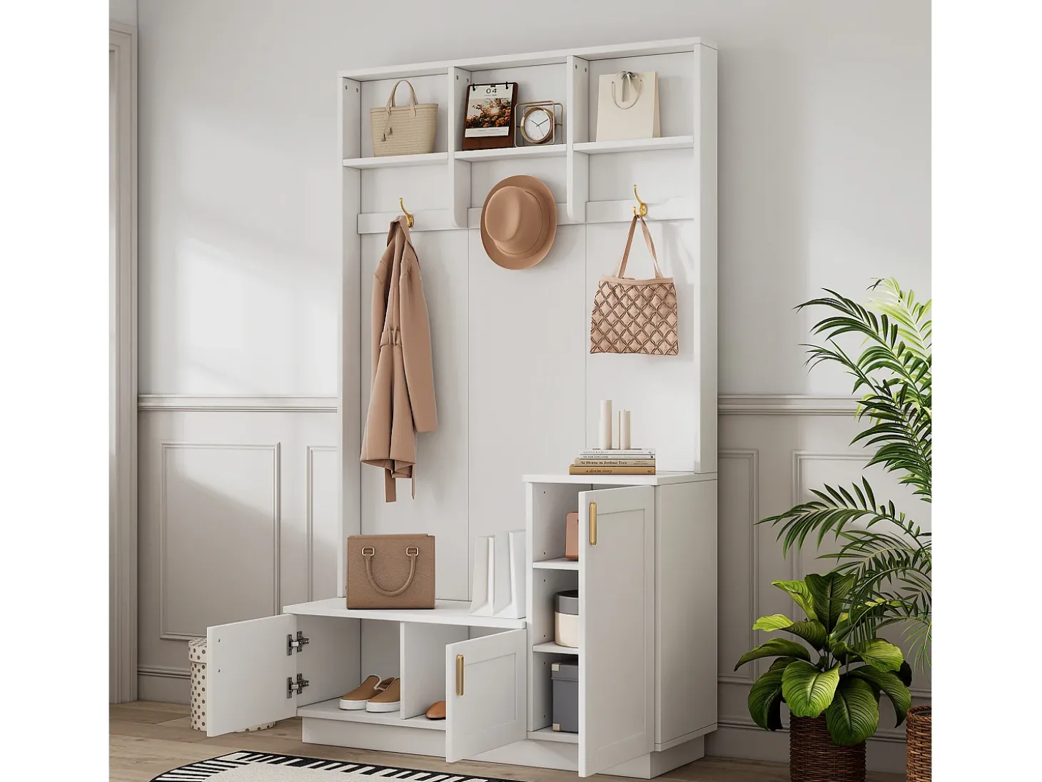 Roupeiro branco com 3 portas, 3 ganchos e arrumação aberta, 120x40x200 cm