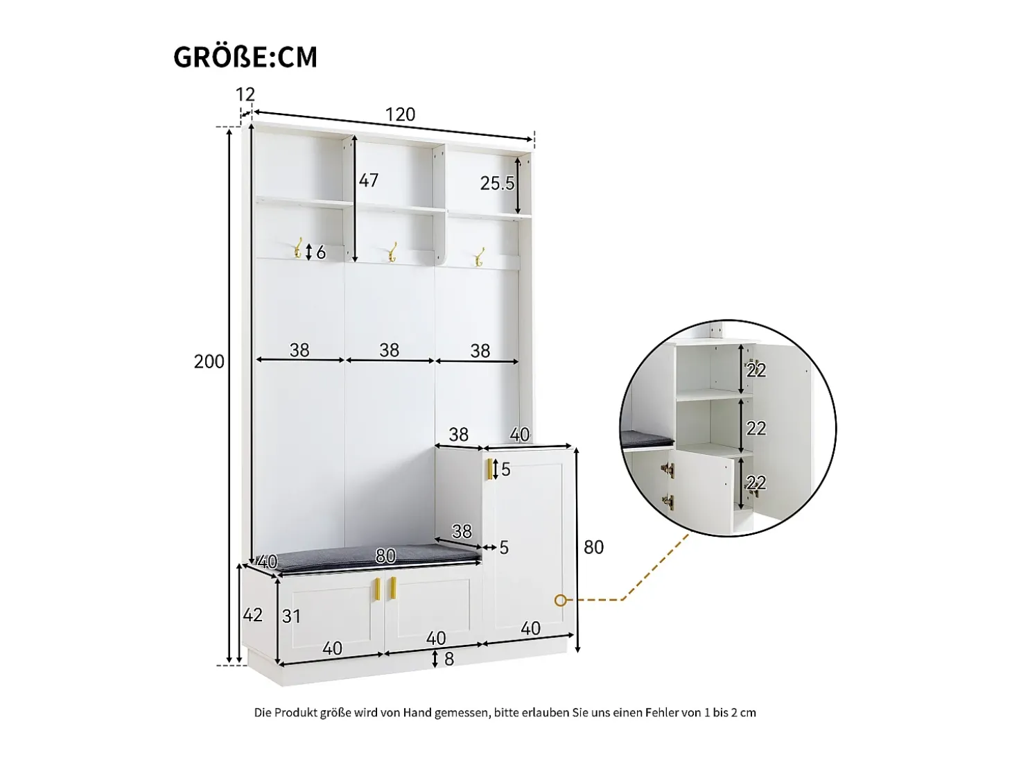 Roupeiro branco com 3 portas, 3 ganchos e arrumação aberta, 120x40x200 cm