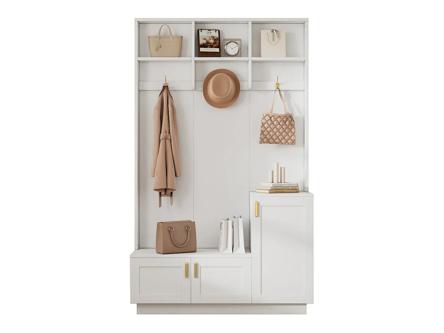 Roupeiro branco com 3 portas, 3 ganchos e arrumação aberta, 120x40x200 cm