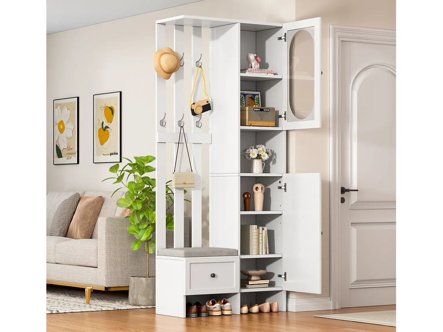Roupeiro branco com 2 portas, gaveta, ganchos e banco, porta de vidro 85x33,5x200cm