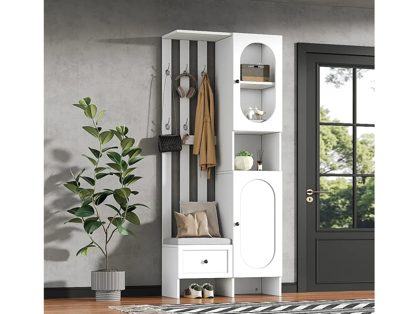 Roupeiro branco com 2 portas, gaveta, ganchos e banco, porta de vidro 85x33,5x200cm