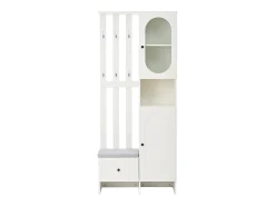 Roupeiro branco com 2 portas, gaveta, ganchos e banco, porta de vidro 85x33,5x200cm