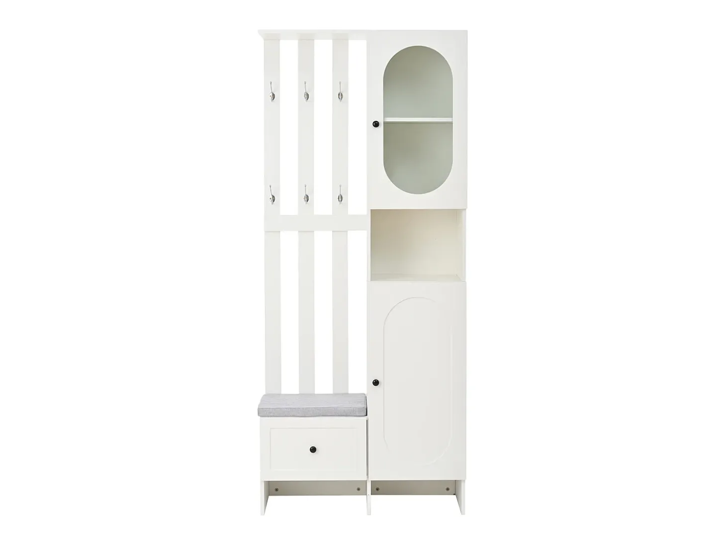 Roupeiro branco com 2 portas, gaveta, ganchos e banco, porta de vidro 85x33,5x200cm