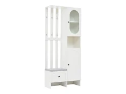 Roupeiro branco com 2 portas, gaveta, ganchos e banco, porta de vidro 85x33,5x200cm