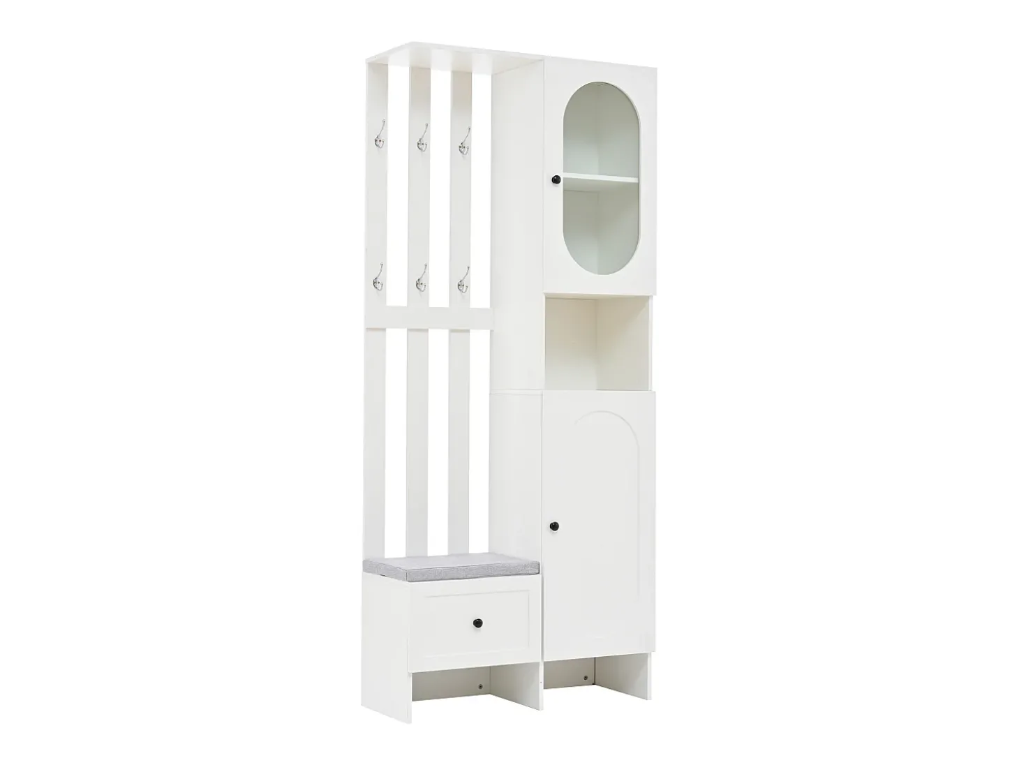 Roupeiro branco com 2 portas, gaveta, ganchos e banco, porta de vidro 85x33,5x200cm