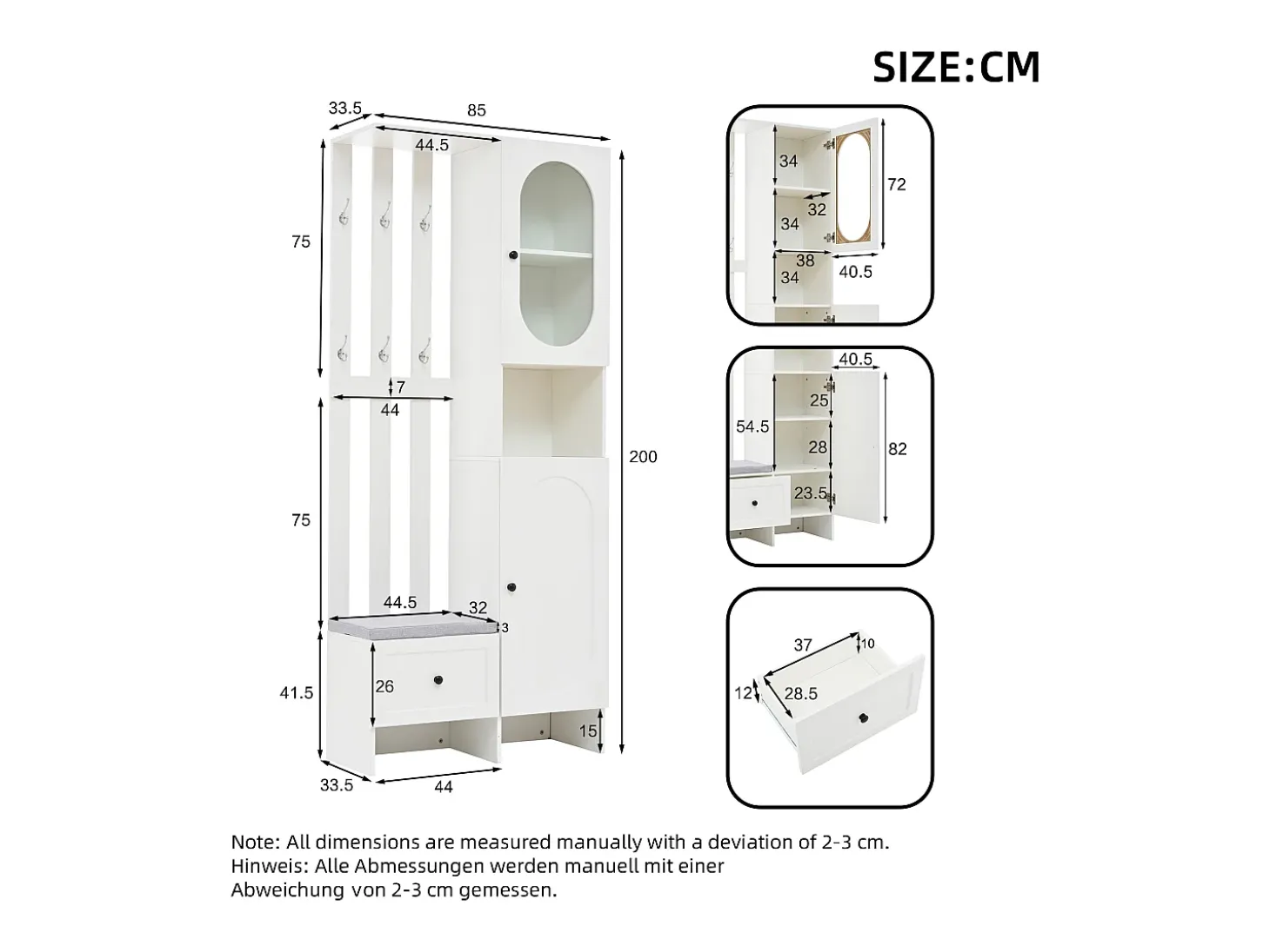 Roupeiro branco com 2 portas, gaveta, ganchos e banco, porta de vidro 85x33,5x200cm