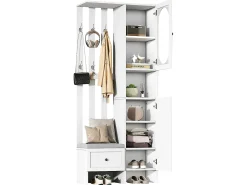Roupeiro branco com 2 portas, gaveta, ganchos e banco, porta de vidro 85x33,5x200cm