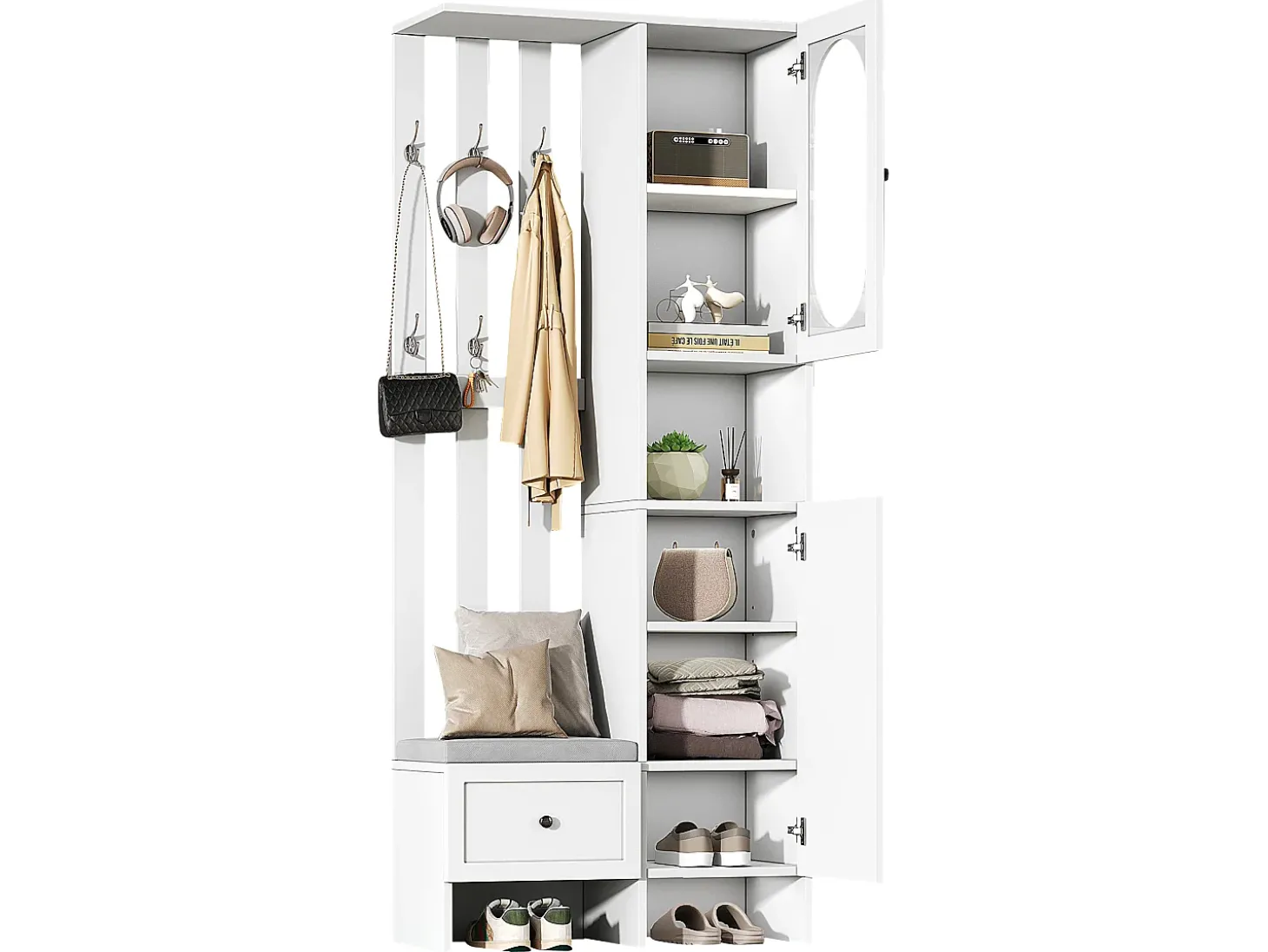 Roupeiro branco com 2 portas, gaveta, ganchos e banco, porta de vidro 85x33,5x200cm