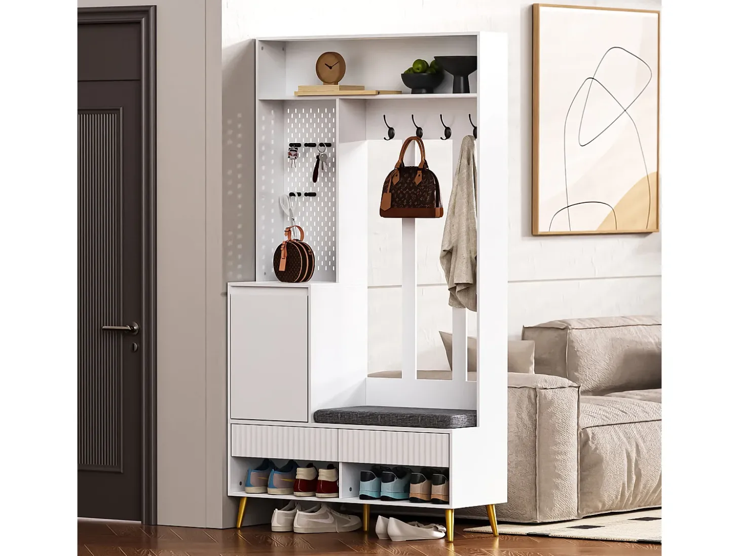 Roupeiro branco com 1 porta, 2 gavetas, 4 ganchos e 1 banco 100 x 35 x 180 cm