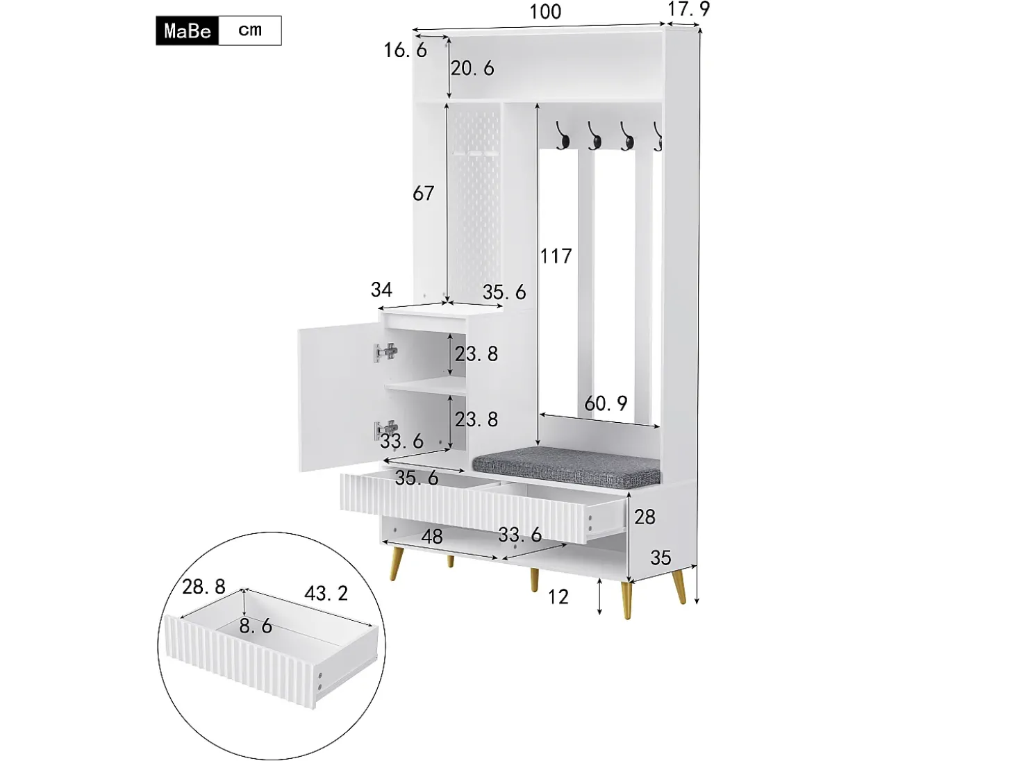 Roupeiro branco com 1 porta, 2 gavetas, 4 ganchos e 1 banco 100 x 35 x 180 cm