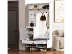Roupeiro branco com 1 porta, 2 gavetas, 4 ganchos e 1 banco 100 x 35 x 180 cm