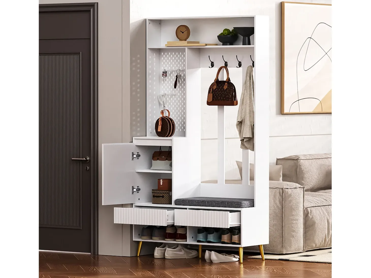 Roupeiro branco com 1 porta, 2 gavetas, 4 ganchos e 1 banco 100 x 35 x 180 cm