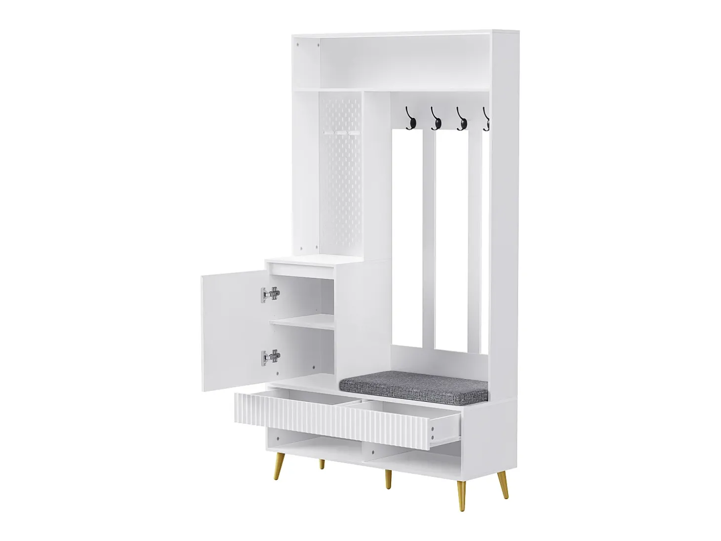 Roupeiro branco com 1 porta, 2 gavetas, 4 ganchos e 1 banco 100 x 35 x 180 cm