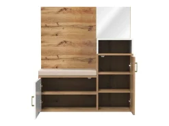 Roupeiro branco e madeira com espelho, 2 portas, banco e 4 ganchos 105x40x190,5cm