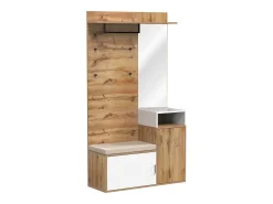 Roupeiro branco e madeira com espelho, 2 portas, banco e 4 ganchos 105x40x190,5cm