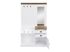 Roupeiro branco e madeira com espelho, 2 gavetas, 1 porta, ganchos e suporte para guarda-chuva 110,5x38x191cm