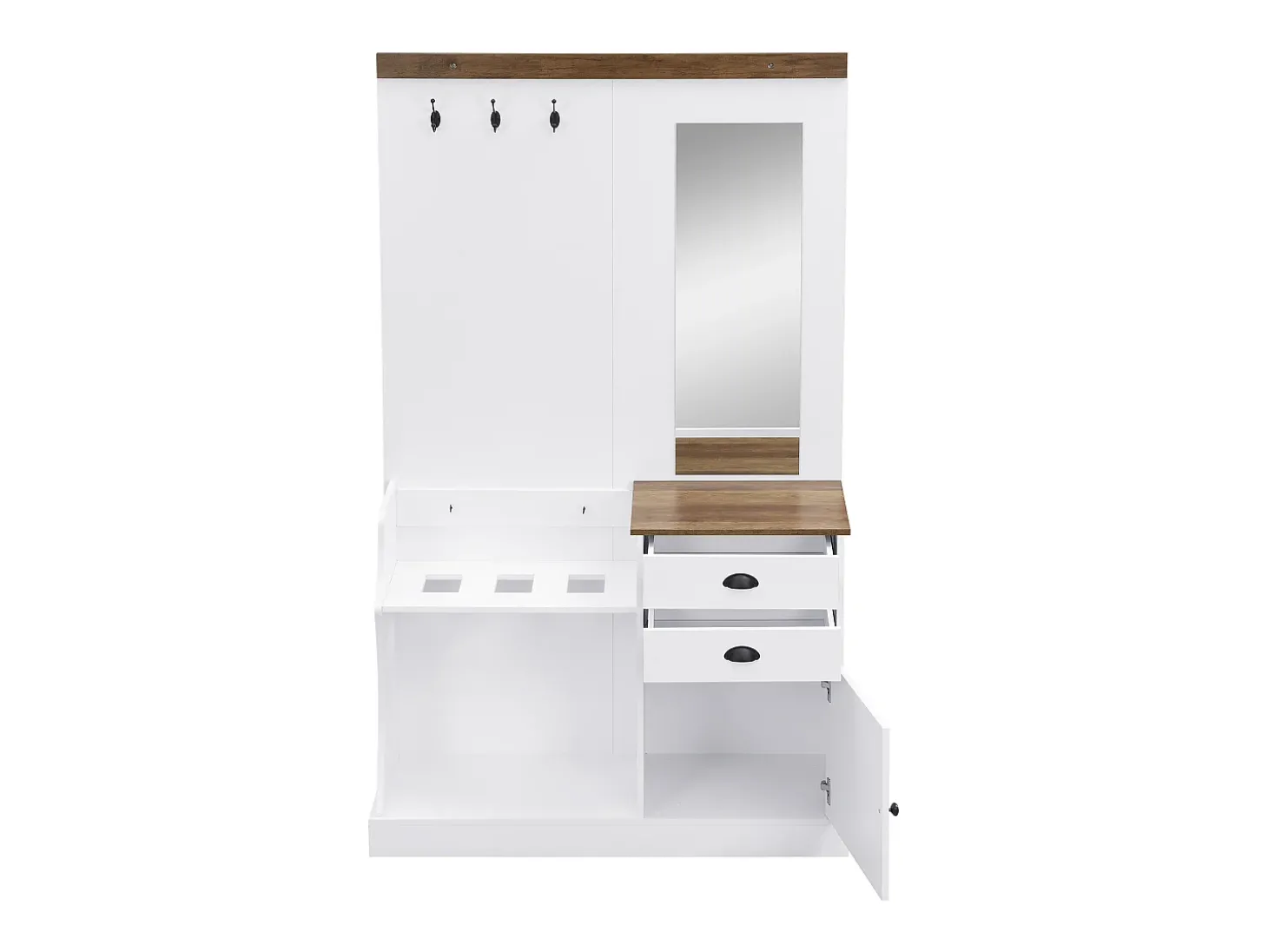 Roupeiro branco e madeira com espelho, 2 gavetas, 1 porta, ganchos e suporte para guarda-chuva 110,5x38x191cm