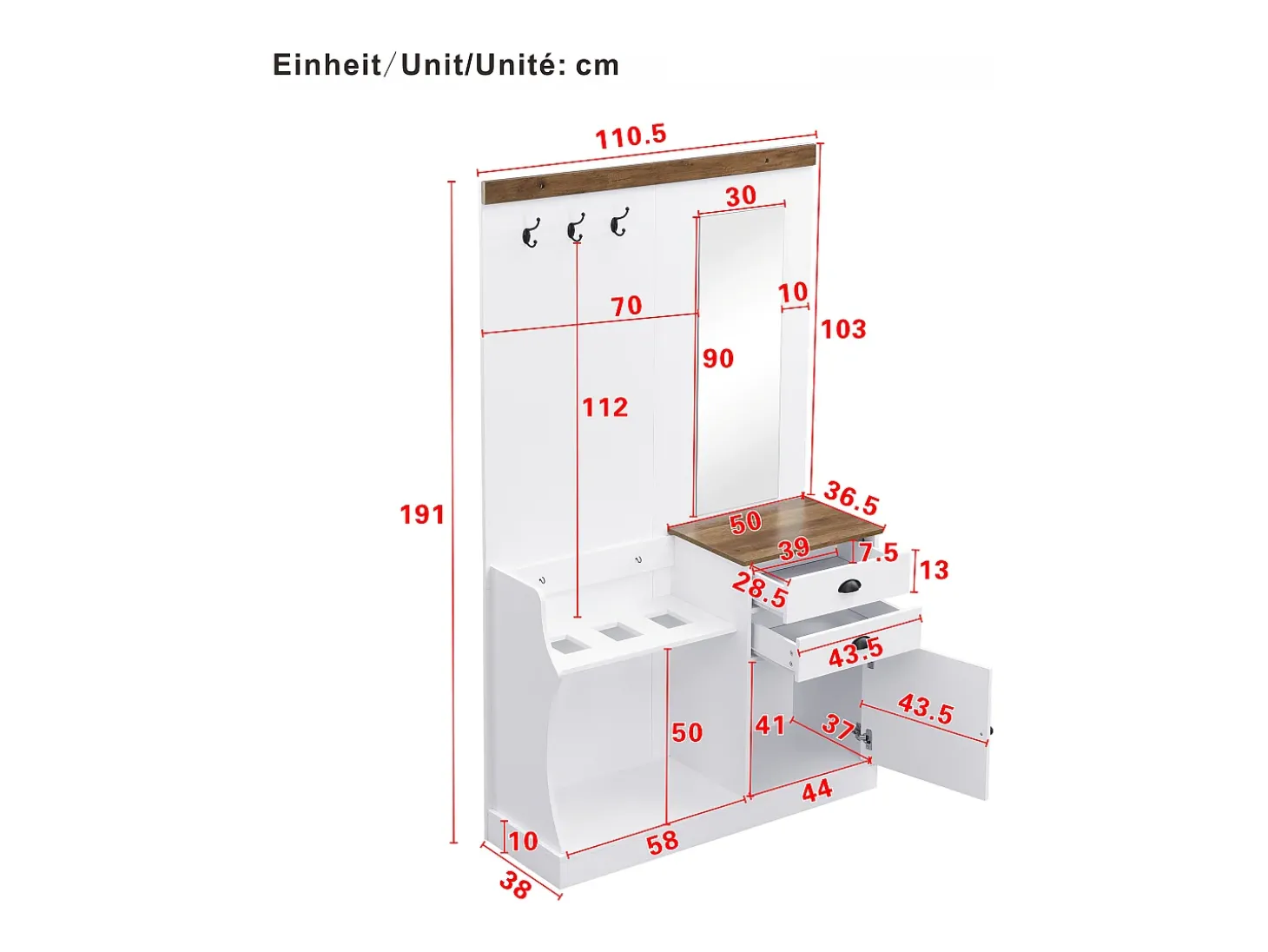 Roupeiro branco e madeira com espelho, 2 gavetas, 1 porta, ganchos e suporte para guarda-chuva 110,5x38x191cm