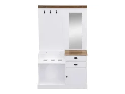 Roupeiro branco e madeira com espelho, 2 gavetas, 1 porta, ganchos e suporte para guarda-chuva 110,5x38x191cm