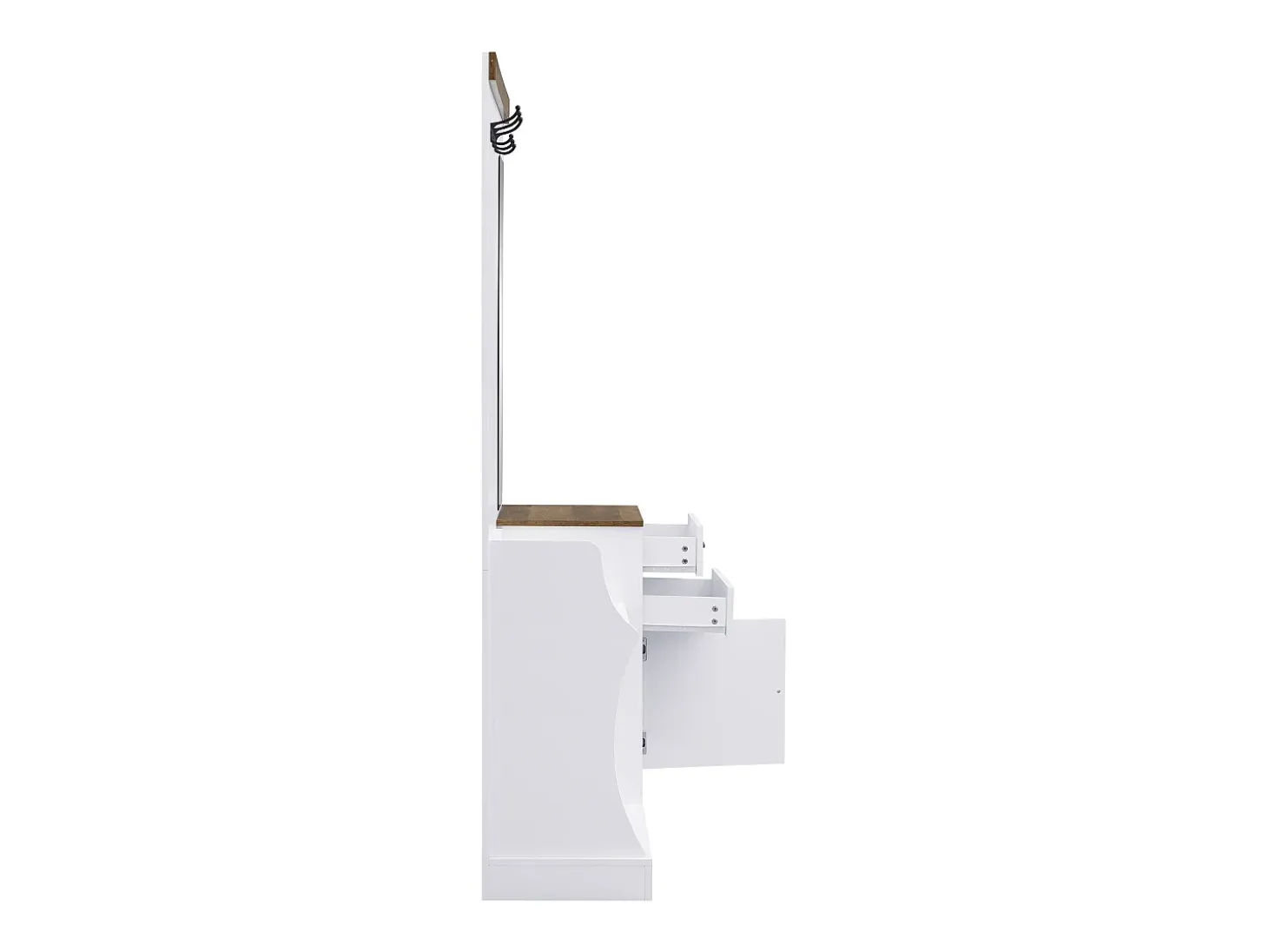 Roupeiro branco e madeira com espelho, 2 gavetas, 1 porta, ganchos e suporte para guarda-chuva 110,5x38x191cm
