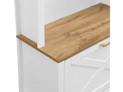 Roupeiro branco e natural com porta e ganchos dourados, design em arco 75x35x195cm
