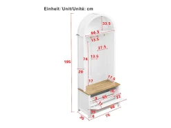 Roupeiro branco e natural com porta e ganchos dourados, design em arco 75x35x195cm