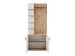 Roupeiro branco e natural com 2 portas, 5 prateleiras e ganchos, tampo em madeira granulada 75x33x180cm