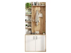 Roupeiro branco e natural com 2 portas, 5 prateleiras e ganchos, tampo em madeira granulada 75x33x180cm