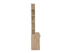 Roupeiro branco e natural com 2 portas, 5 prateleiras e ganchos, tampo em madeira granulada 75x33x180cm