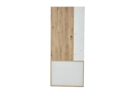 Roupeiro branco e natural com 2 portas, 5 prateleiras e ganchos, tampo em madeira granulada 75x33x180cm