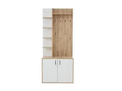 Roupeiro branco e natural com 2 portas, 5 prateleiras e ganchos, tampo em madeira granulada 75x33x180cm