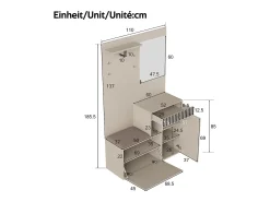 Roupeiro com 2 portas, gaveta, espelho e almofada, material MDF 110x37x185,5 cm