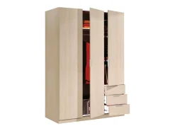 Roupeiro Dnespol, Roupeiro de quarto com 3 portas e 3 gavetas, Armário com 3 prateleiras e varão, 121x52h180 cm, Carvalho
