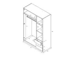Roupeiro Dnespol, Roupeiro de quarto com 3 portas e 3 gavetas, Armário com 3 prateleiras e varão, 121x52h180 cm, Carvalho