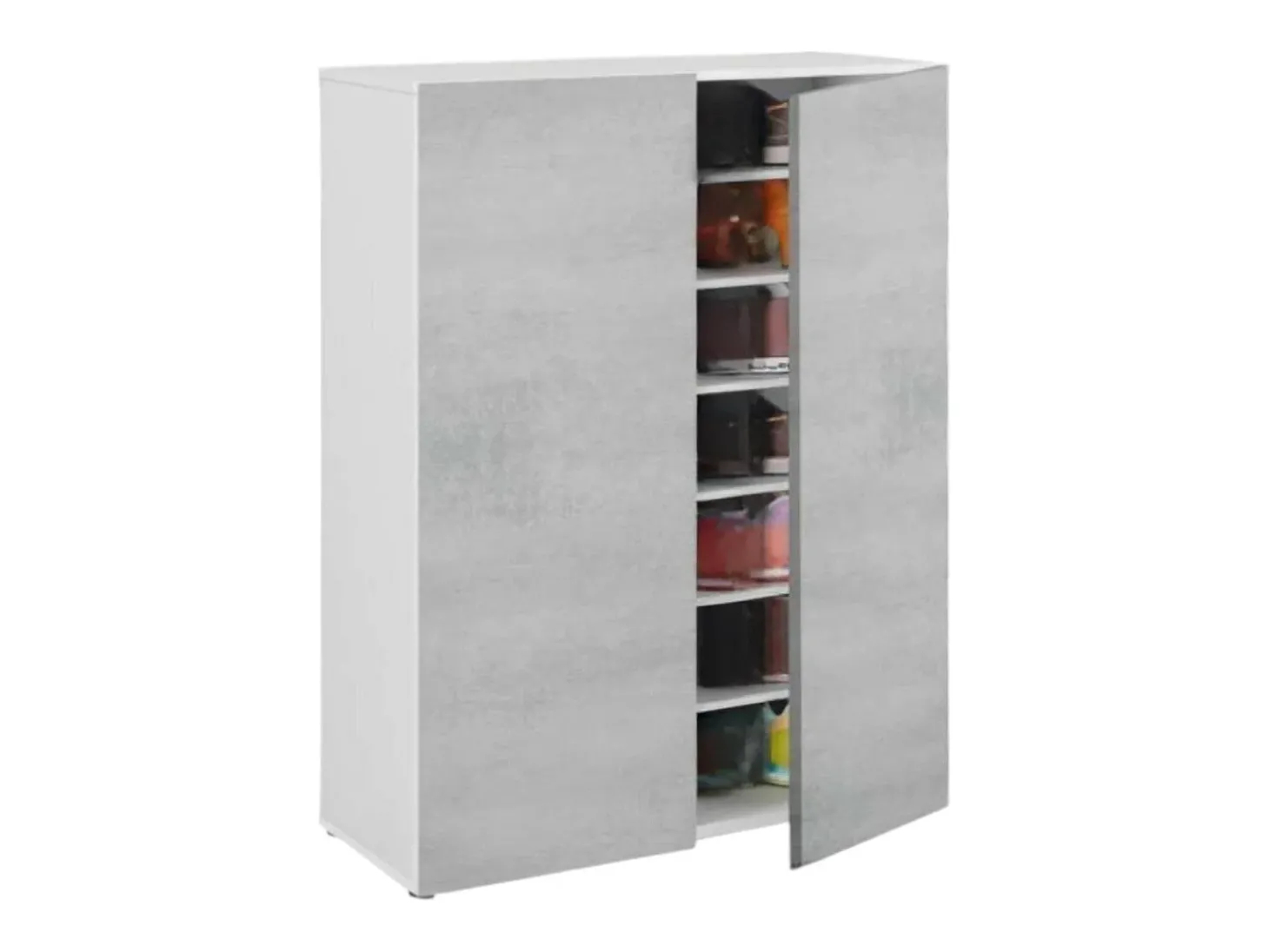 Roupeiro multiusos Dlel, Armário auxiliar com 2 portas, Sapateira baixa com 6 prateleiras, Sapateira baixa, 70x36h103 cm, Cimento e Branco