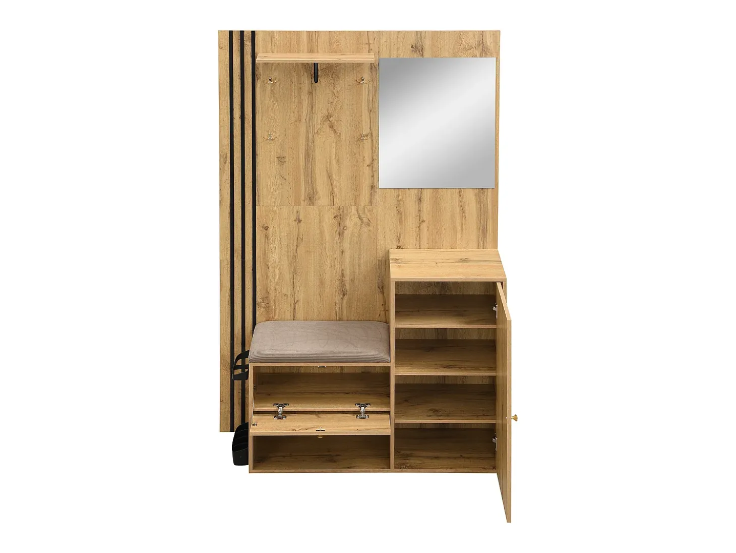 Roupeiro natural com 2 portas, espelho, suporte para guarda-chuvas e sapateira, multifunções 115 x 37 x 185