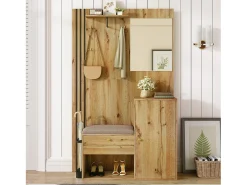 Roupeiro natural com 2 portas, espelho, suporte para guarda-chuvas e sapateira, multifunções 115 x 37 x 185