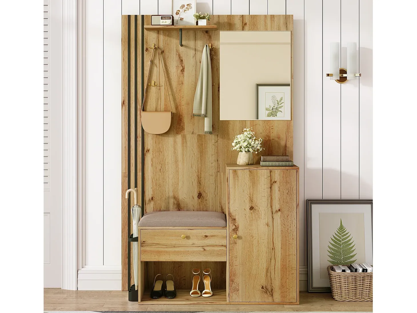 Roupeiro natural com 2 portas, espelho, suporte para guarda-chuvas e sapateira, multifunções 115 x 37 x 185
