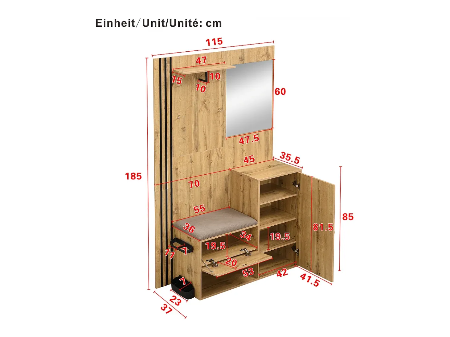 Roupeiro natural com 2 portas, espelho, suporte para guarda-chuvas e sapateira, multifunções 115 x 37 x 185