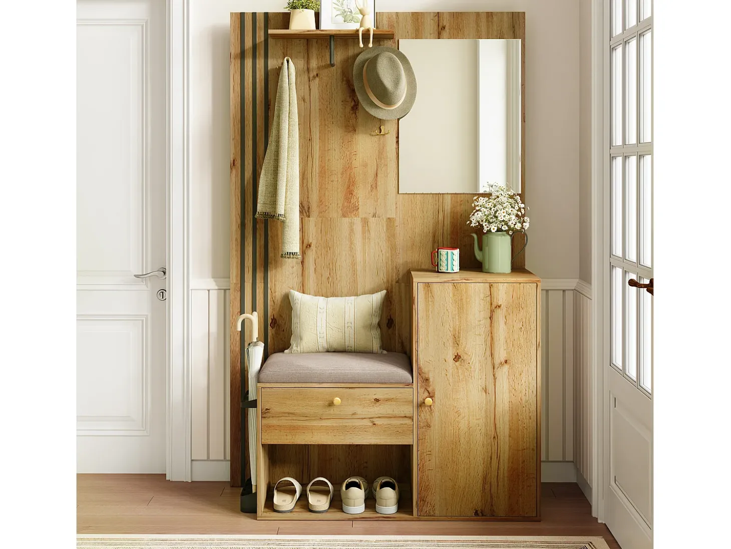 Roupeiro natural com 2 portas, espelho, suporte para guarda-chuvas e sapateira, multifunções 115 x 37 x 185