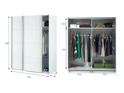 Roupeiro Ponce, Roupeiro de quarto com 2 portas de correr, Armário com varão e 2 prateleiras, 150x60h200 cm, Branco