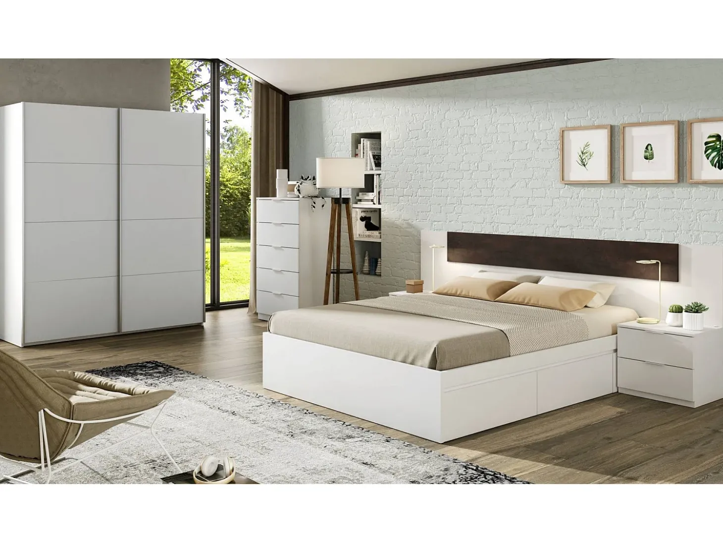 Roupeiro Ponce, Roupeiro de quarto com 2 portas de correr, Armário com varão e 2 prateleiras, 150x60h200 cm, Branco