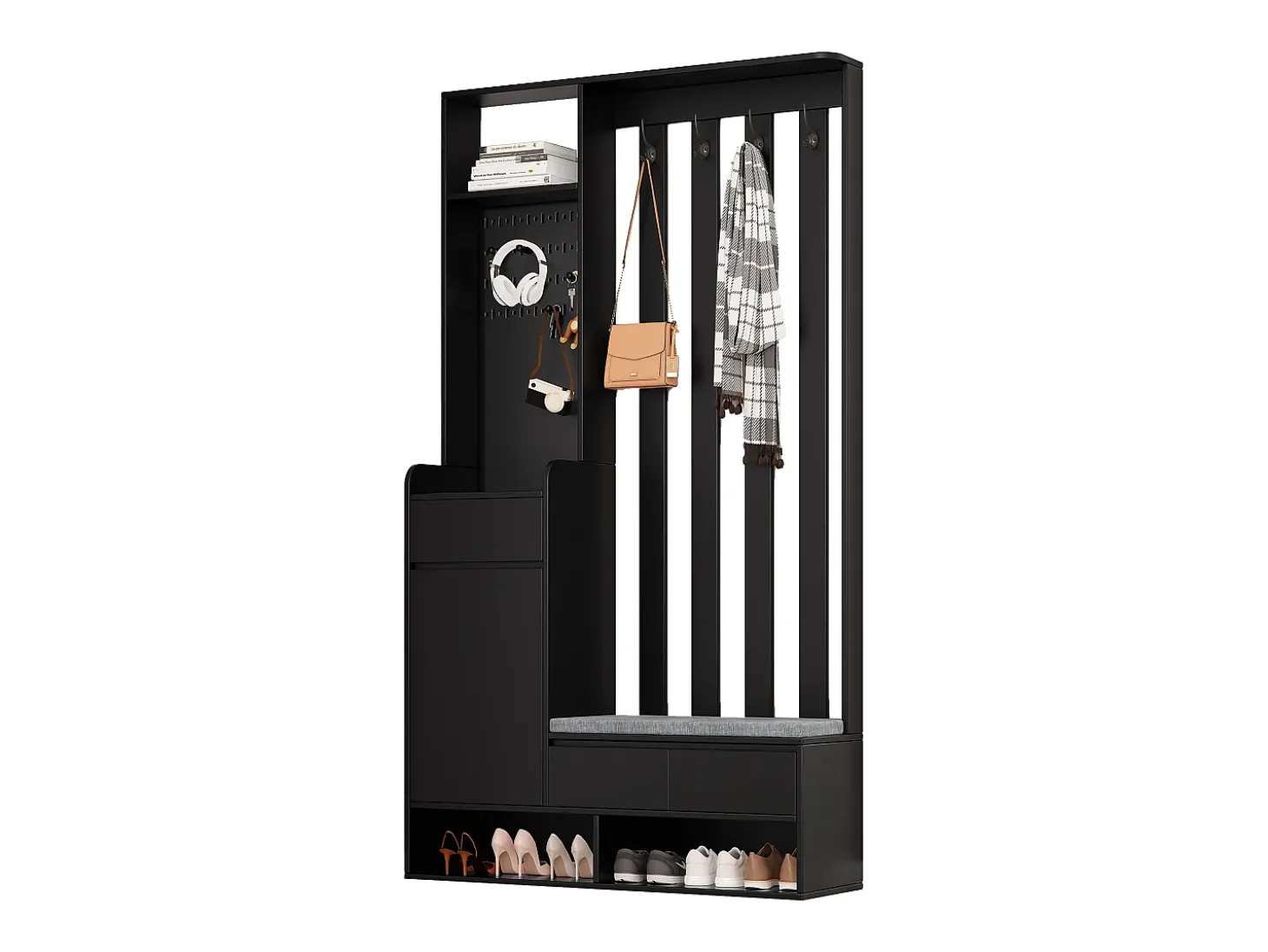 Roupeiro preto com 3 gavetas, 1 porta, 4 ganchos e painel perfurado, 100 x 35 x 180 cm