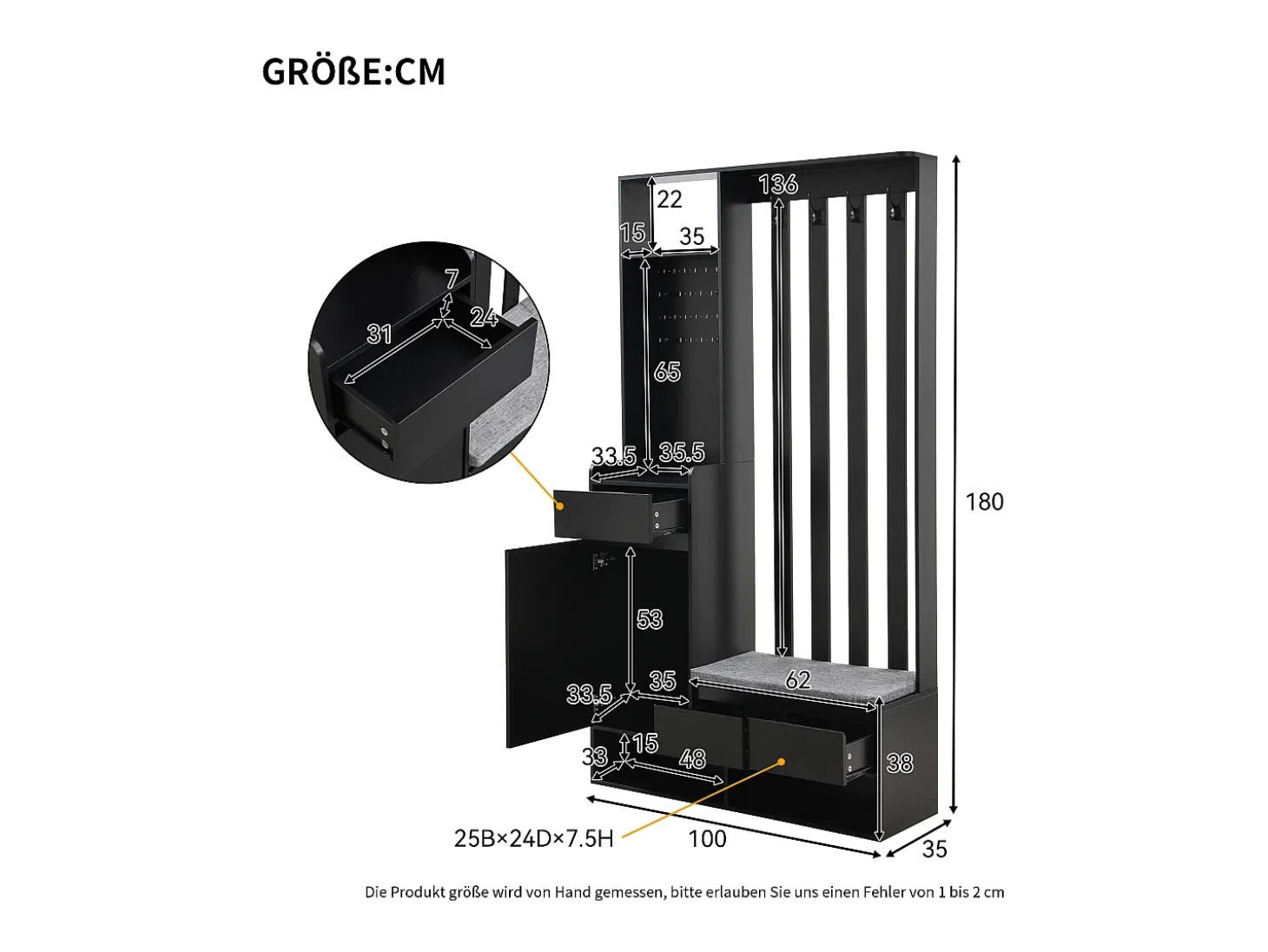 Roupeiro preto com 3 gavetas, 1 porta, 4 ganchos e painel perfurado, 100 x 35 x 180 cm