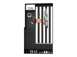Roupeiro preto com 3 gavetas, 1 porta, 4 ganchos e painel perfurado, 100 x 35 x 180 cm